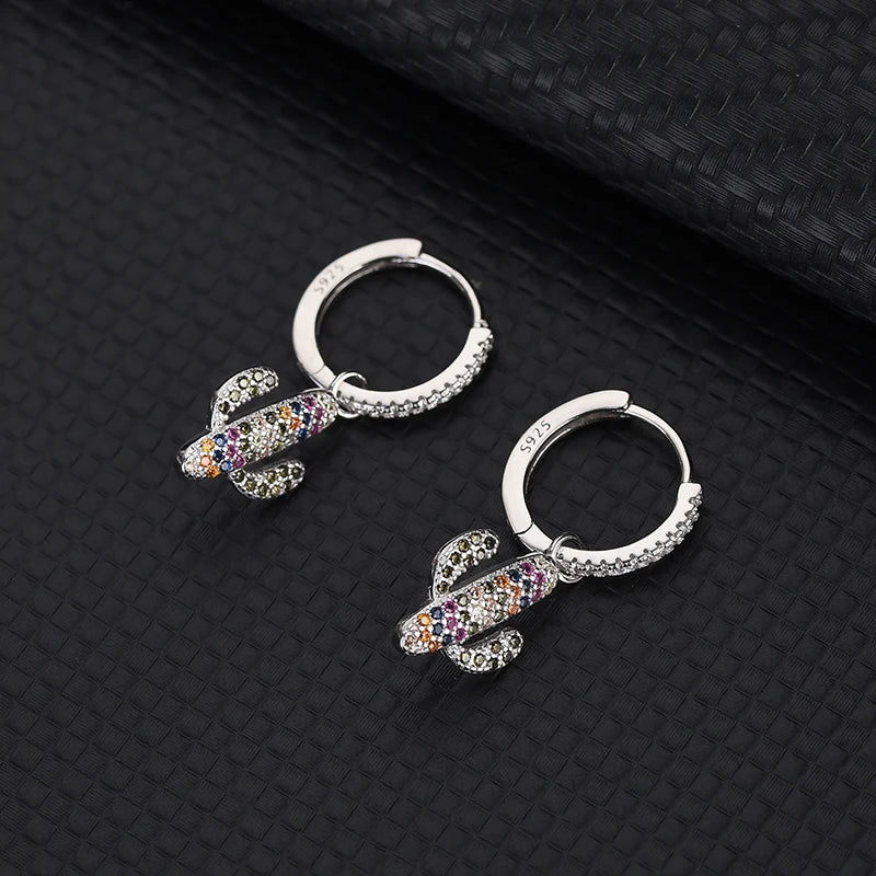 Colored Diamond Cactus Earrings Colorful Zirconia 925 Sterling Silver