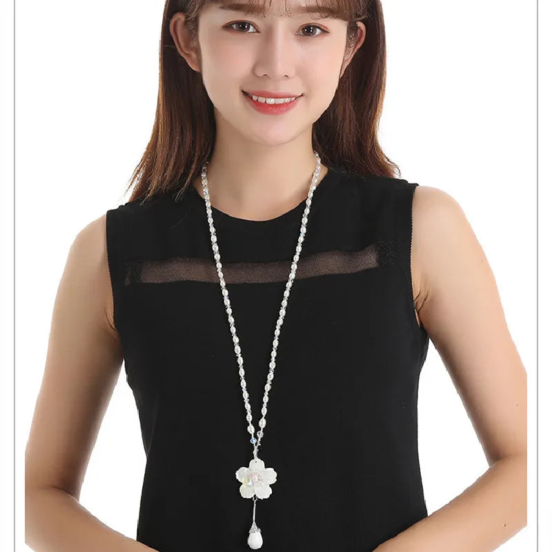 Shell Flower Pearl Sweater Chain Long Crystal Pearl Necklace