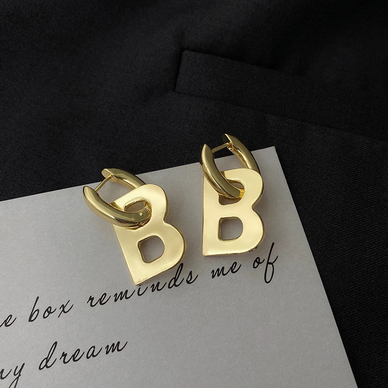 Exaggerated Metal B Letter Pendant Earrings for Girls