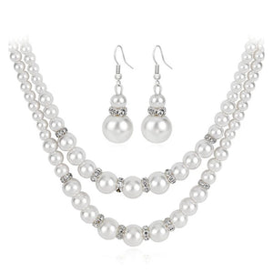 Classic Bride Pearl Crystal Party Double Pearl Necklace Set