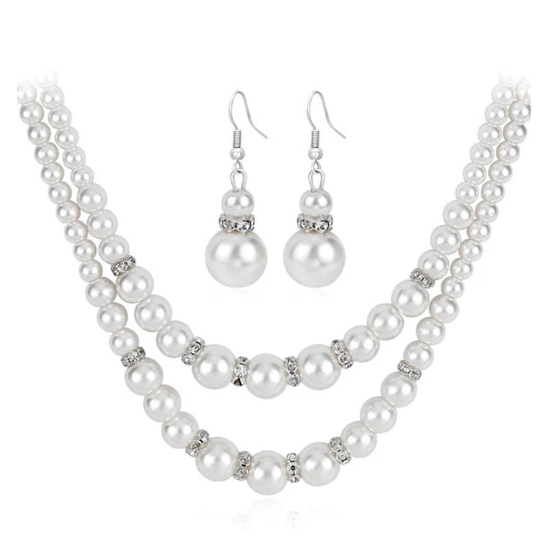 Classic Bride Pearl Crystal Party Double Pearl Necklace Set