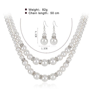 Classic Bride Pearl Crystal Party Double Pearl Necklace Set