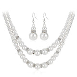 Classic Bride Pearl Crystal Party Double Pearl Necklace Set