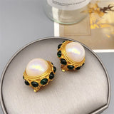 Luxury Pearl Inlaid Green Glass Ear Clip 18k Plating
