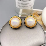 Luxury Pearl Inlaid Green Glass Ear Clip 18k Plating