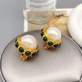 Luxury Pearl Inlaid Green Glass Ear Clip 18k Plating