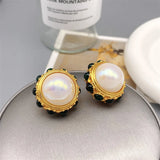 Luxury Pearl Inlaid Green Glass Ear Clip 18k Plating