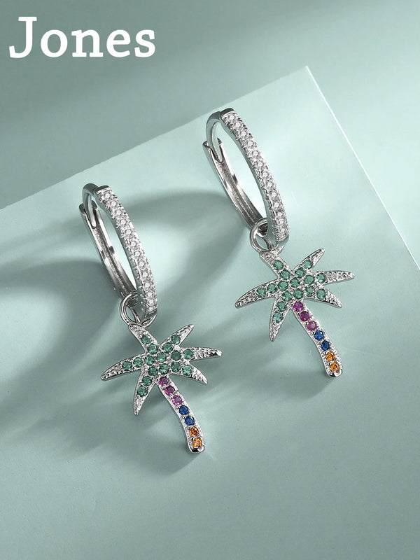 Summer Coconut Tree Tassel Earrings S925 Sterling Silver Colorful Diamond Stud