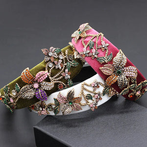 Baroque Rhinestone Flower Wide Hairband Velvet Prom Dance Show Party