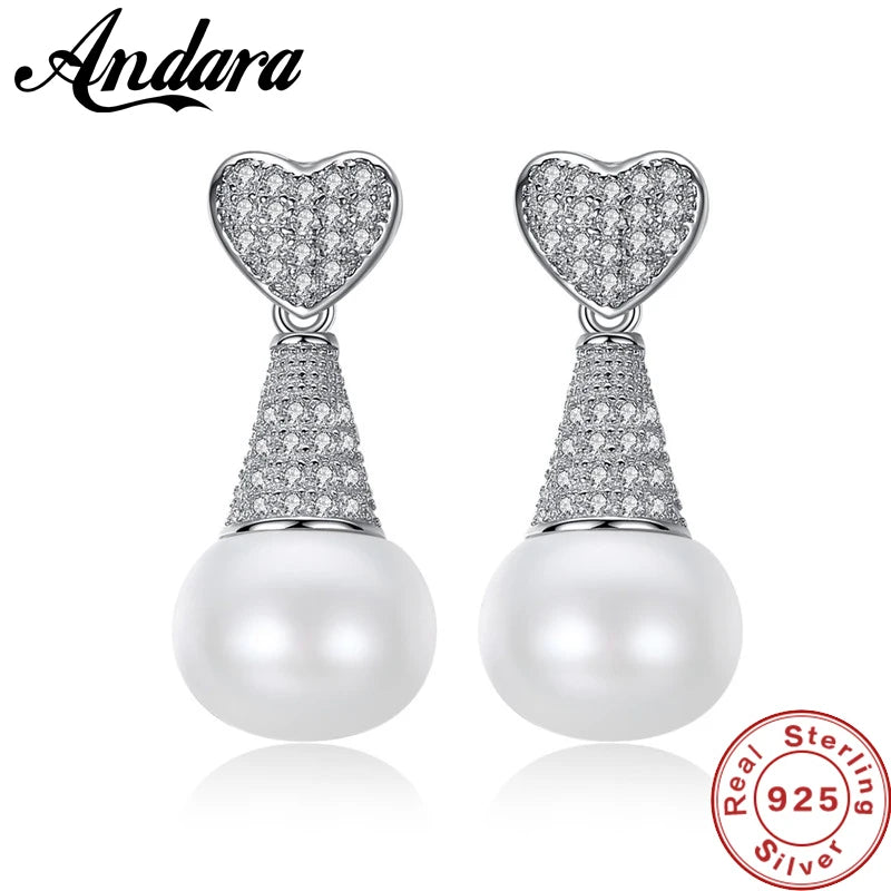 Heart Zircon & Pearl Stud Earrings Silver 925 Women Bridal Jewelry