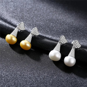 Heart Zircon & Pearl Stud Earrings Silver 925 Women Bridal Jewelry