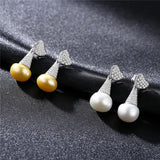 Heart Zircon & Pearl Stud Earrings Silver 925 Women Bridal Jewelry