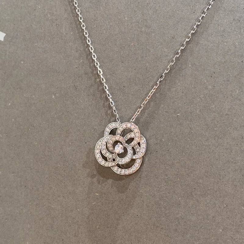 925 Silver Camellia Necklace Romantic Flower Pendant Jewelry Gift