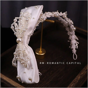 European Satin Bow Pearl Hairbands for Women Bride Photo Shoot Hairband