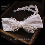 European Satin Bow Pearl Hairbands for Women Bride Photo Shoot Hairband