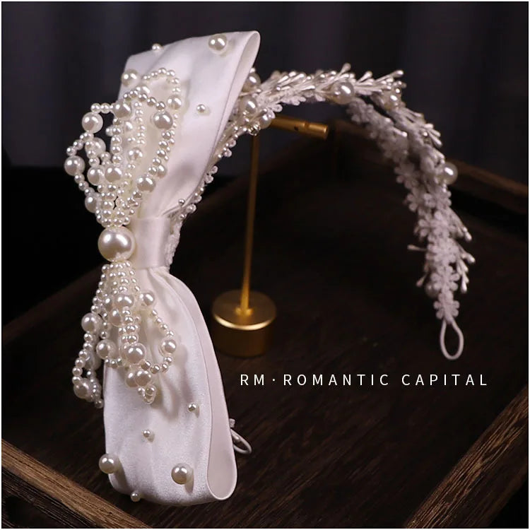 European Satin Bow Pearl Hairbands for Women Bride Photo Shoot Hairband