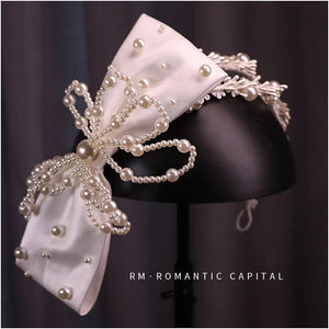 European Satin Bow Pearl Hairbands for Women Bride Photo Shoot Hairband