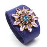 European Punk Wide Crystal Flowers Leather Bracelet