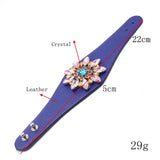 European Punk Wide Crystal Flowers Leather Bracelet