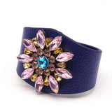 European Punk Wide Crystal Flowers Leather Bracelet