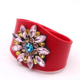 European Punk Wide Crystal Flowers Leather Bracelet