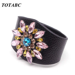 European Punk Wide Crystal Flowers Leather Bracelet