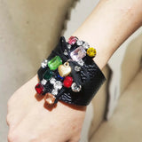European Punk Rhinestone Leather Bracelet Women Cuff Statement Jewelry