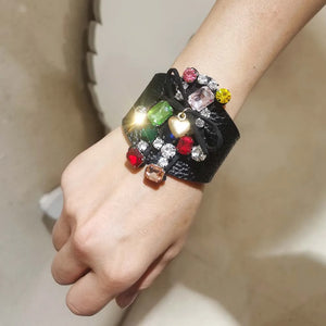 European Punk Rhinestone Leather Bracelet Women Cuff Statement Jewelry