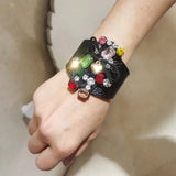 European Punk Rhinestone Leather Bracelet Women Cuff Statement Jewelry