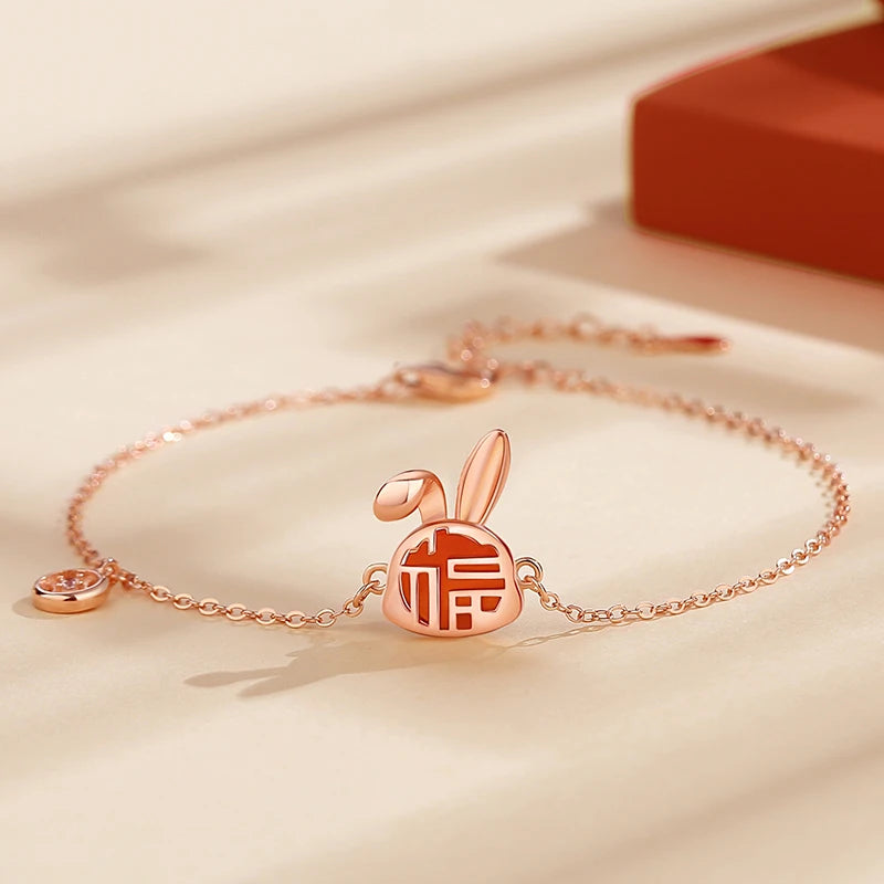 Fine S925 Sterling Silver CZ Rabbit Bracelet for Women