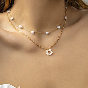 European Silver Hollow Flower Pearl Multilayer Necklace for Women