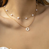 European Silver Hollow Flower Pearl Multilayer Necklace for Women