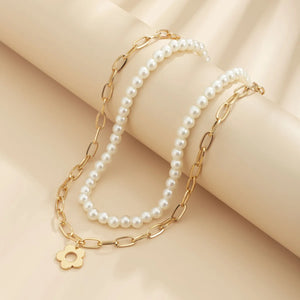 European Silver Hollow Flower Pearl Multilayer Necklace for Women