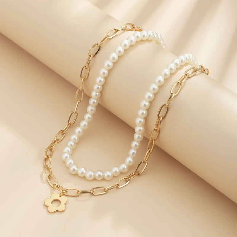 European Silver Hollow Flower Pearl Multilayer Necklace for Women
