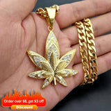 Men's Stainless Steel Hemp Leaf Pendant Necklace with Rhinestones