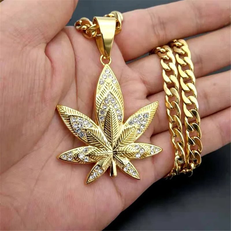 Men's Stainless Steel Hemp Leaf Pendant Necklace with Rhinestones