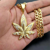 Men's Stainless Steel Hemp Leaf Pendant Necklace with Rhinestones