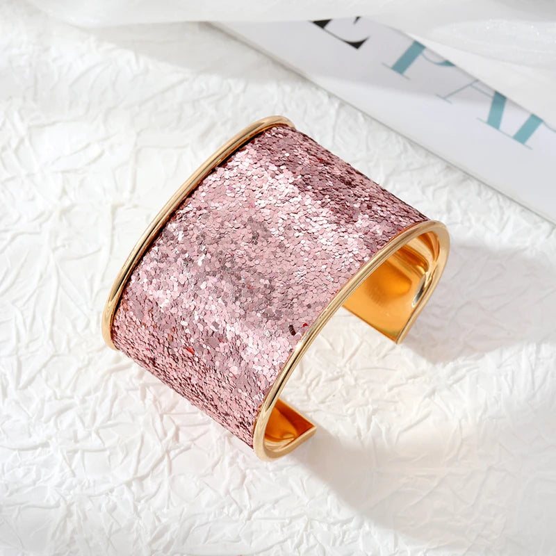 European Metal Sequins Bangle For Women Open Adjustable Wide Cuff Bracelet