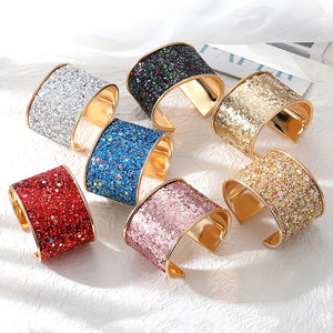 European Metal Sequins Bangle For Women Open Adjustable Wide Cuff Bracelet