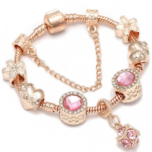 European Rose Bracelet Pink Rhinestone Love Magnolia Beads Charm