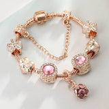 European Rose Bracelet Pink Rhinestone Love Magnolia Beads Charm