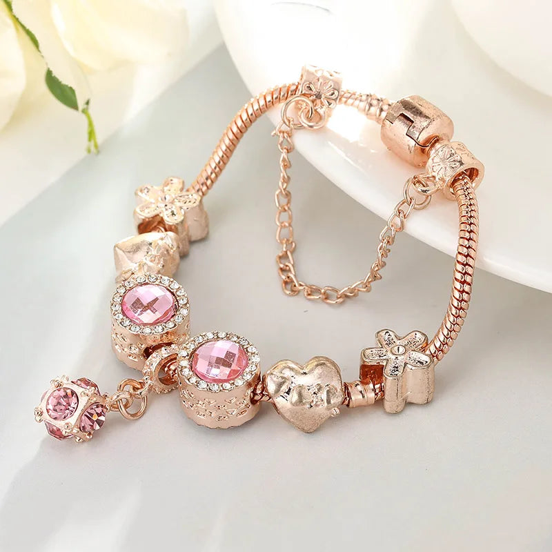 European Rose Bracelet Pink Rhinestone Love Magnolia Beads Charm