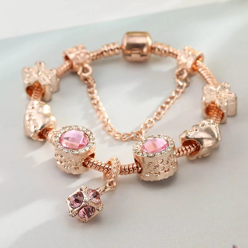 European Rose Bracelet Pink Rhinestone Love Magnolia Beads Charm