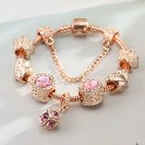 European Rose Bracelet Pink Rhinestone Love Magnolia Beads Charm