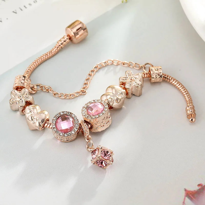 European Rose Bracelet Pink Rhinestone Love Magnolia Beads Charm