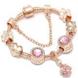 European Rose Bracelet Pink Rhinestone Love Magnolia Beads Charm