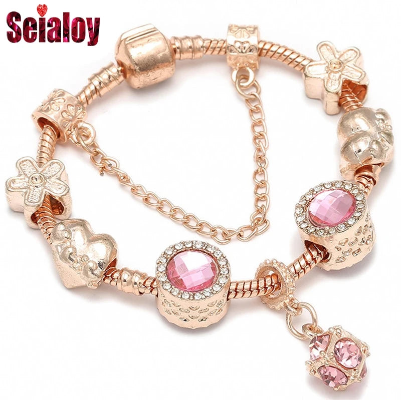 European Rose Bracelet Pink Rhinestone Love Magnolia Beads Charm