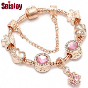 European Rose Bracelet Pink Rhinestone Love Magnolia Beads Charm