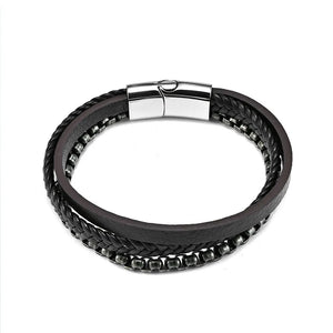 European Stainless Steel Chain Leather Bracelet