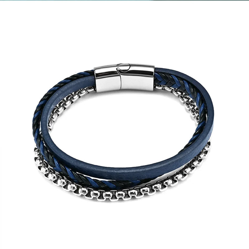 European Stainless Steel Chain Leather Bracelet